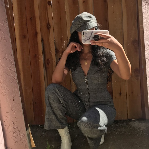 Thick grey plaid shirt sleeve jumpsuit - Picture 3 of 4